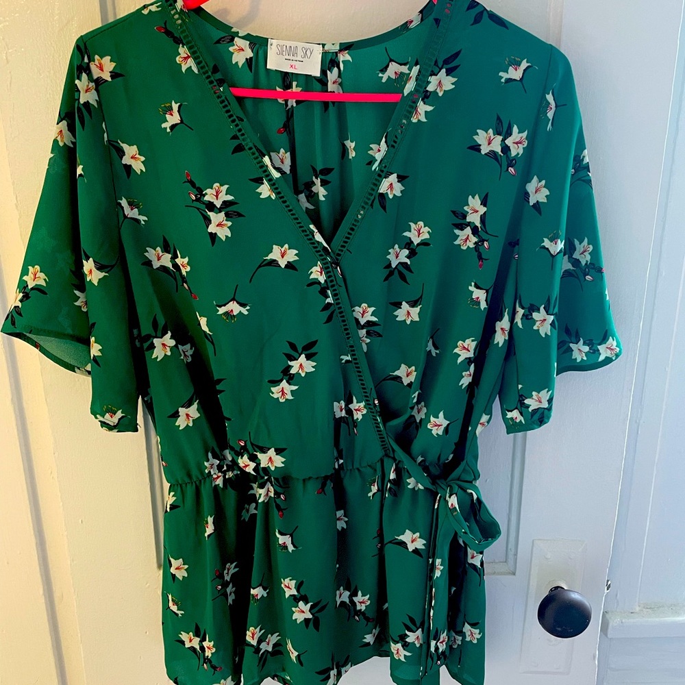 Green floral wrap shirt